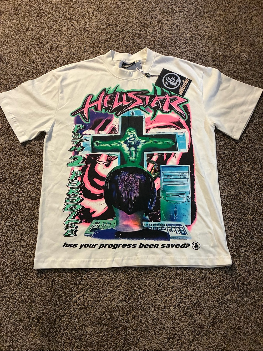 White Graphic Short-Sleeve Tee with Neon Multi-Color Print